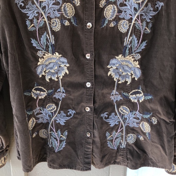 J. Jill Chocolate Brown Corduroy Embroidered Floral Button Down Shirt Womens S - Picture 6 of 12